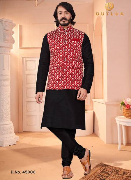 Red Colour Party Wear Art Silk Jacquard Print Kurta Pajama With Jacket Mens Collection 45006
